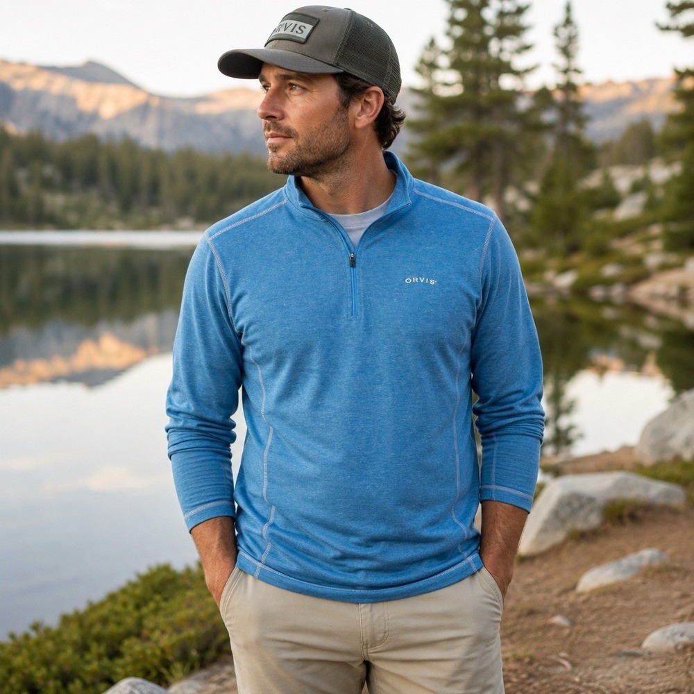 Orvis Quarter Zip Pullover Mens XL Blue Performance Stretch Lightweight Hiking